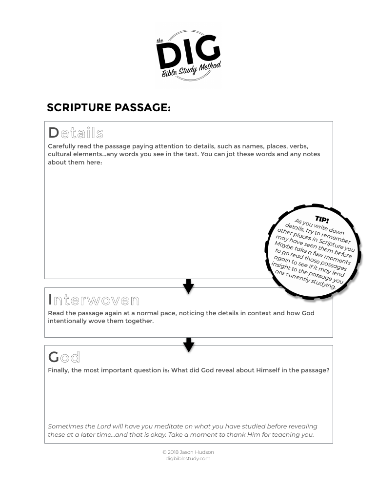 The one-page DIG worksheet, with spaces for Details, Interwoven, and God.